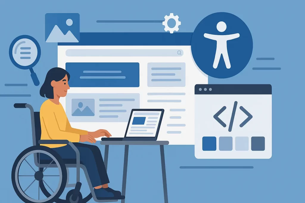 Illustration d’une femme en fauteuil roulant travaillant sur un ordinateur portable, avec en arrière-plan des éléments graphiques représentant la conception d’un site web, des icônes d’accessibilité, de loupe, de roue dentée et de code HTML, symbolisant la création d’un site accessible.
