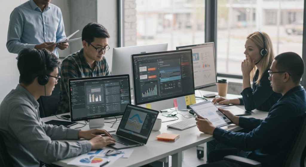Applications concretes des LLM usages en entreprise webmarketing et automatisation 202505Th205634 Équipe diversifiée travaillant avec des graphiques financiers sur multiples écrans en bureau moderne.