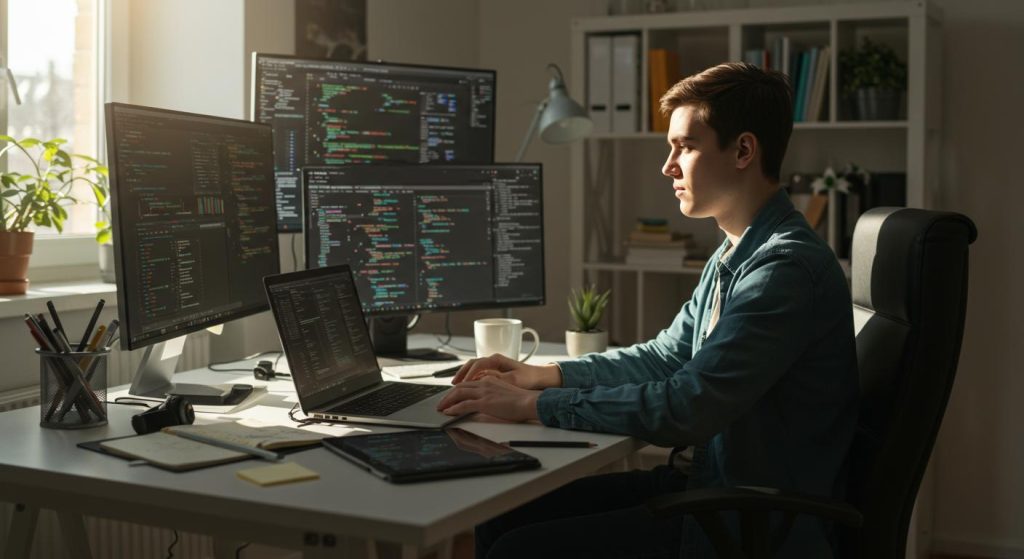 Avantages limites et perspectives professionnelles pour les profils technophiles 202505Th205700 Développeur travaillant sur plusieurs écrans avec du code affiché.