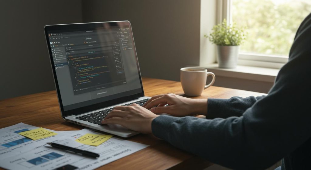 Programmeuse travaillant sur un code informatique depuis son ordinateur portable.