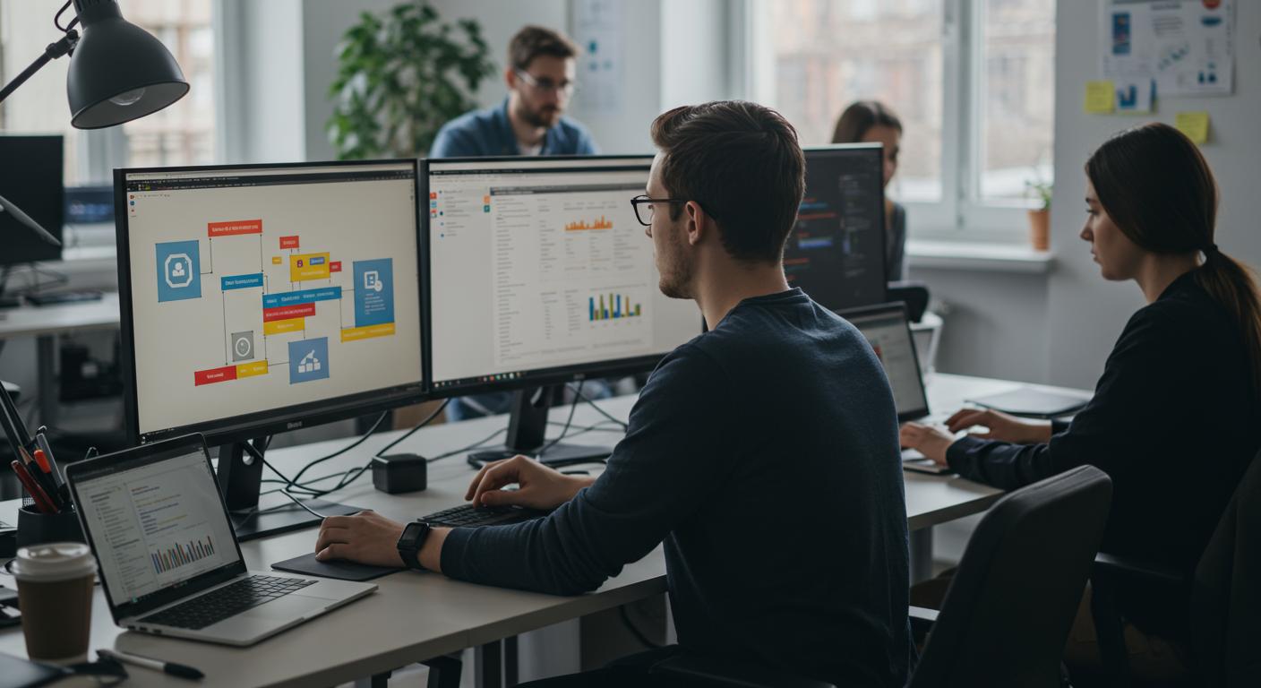Cas dusage concrets quel outil pour quel besoin 202505Fr1125 Trois professionnels travaillant sur des interfaces utilisateurs sur écrans multiples en bureau lumineux.