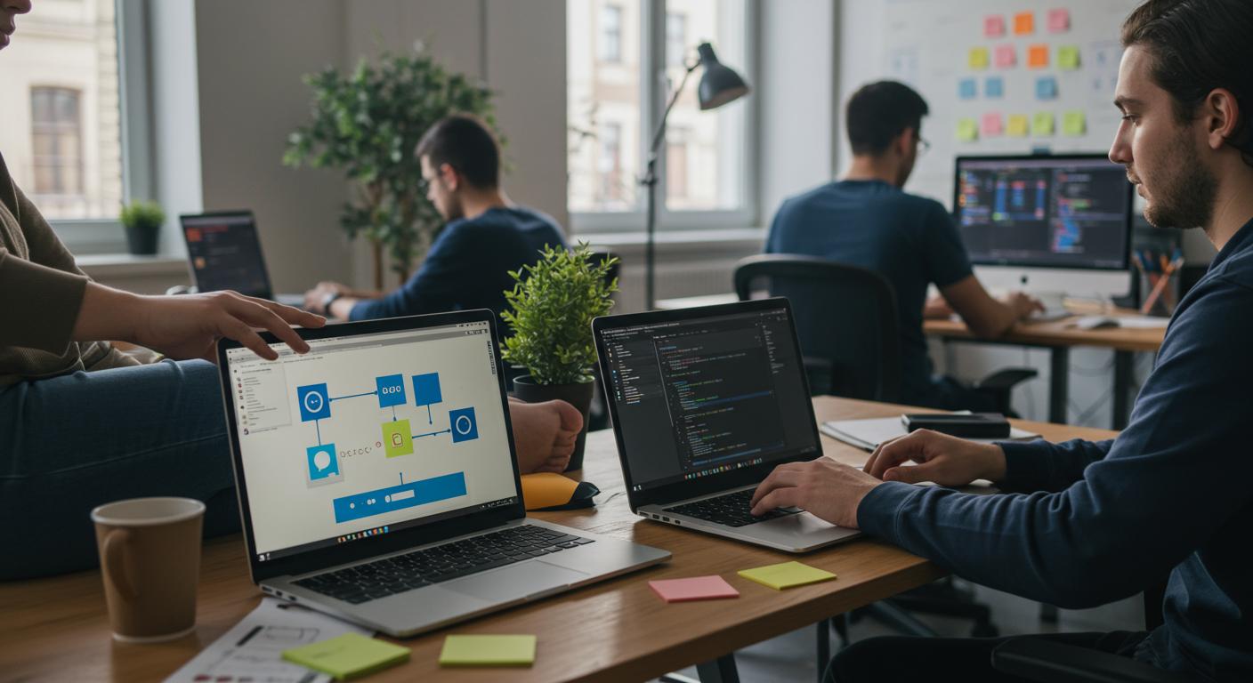 Comment choisir entre Make n8n et Zennoposter selon ton profil et tes contraintes 202505Fr1126 Équipe de développeurs travaillant sur des projets logiciels dans un bureau lumineux.