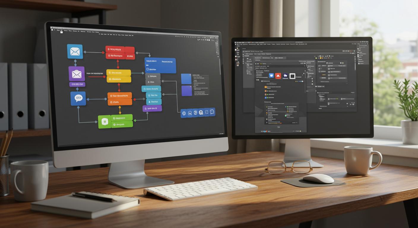 Comparaison detaillee fonctionnalites connecteurs et integrations 202505Fr1124 Écrans montrant des logiciels de programmation et de gestion de flux de travail sur un bureau moderne.
