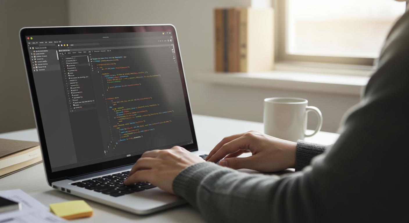 Comprendre la balise title SEO role structure et accessibilite 202505Th2352 Programmeuse travaillant sur du code informatique visible à l'écran de son ordinateur.