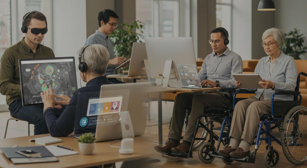 Comprendre le RGAA et les enjeux de laccessibilite numerique 202505Th083028 Groupe de personnes en situation de handicap utilisant divers appareils numériques dans un espace de travail partagé, avec des interfaces accessibles sur leurs écrans et l’usage de casques audio.