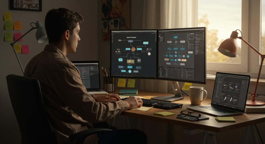 Développeur travaillant sur des interfaces utilisateur avec trois écrans et un ordinateur portable.