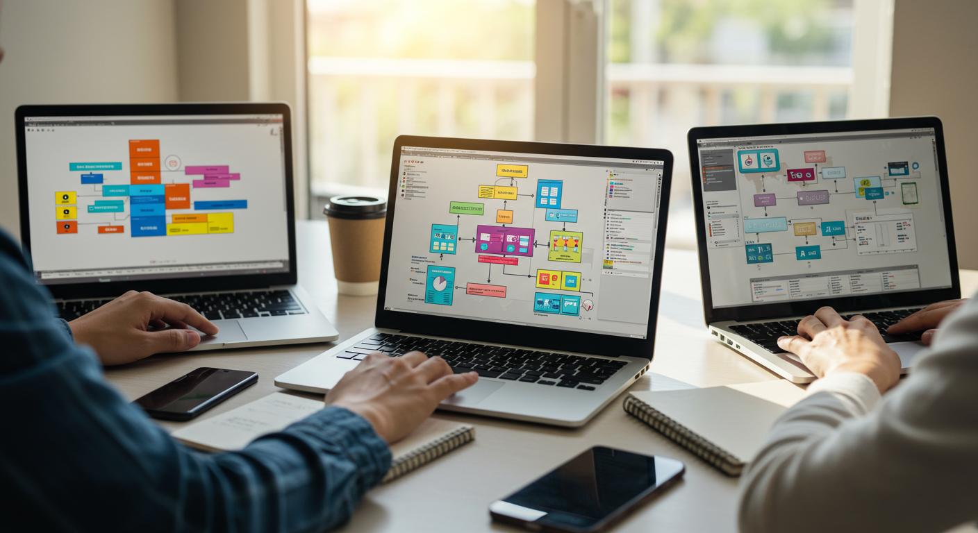 Experience utilisateur prise en main et courbe dapprentissage 202505Fr1125 Trois personnes utilisant des ordinateurs portables pour travailler sur des interfaces utilisateurs colorées.