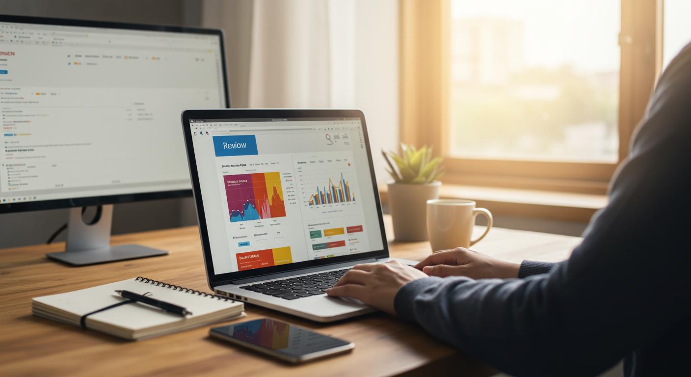 Impact dune bonne ou mauvaise balise title SEO sur la visibilite et le taux de clics 202505Th2353 Personne analysant des données graphiques sur un ordinateur portable avec écran secondaire.