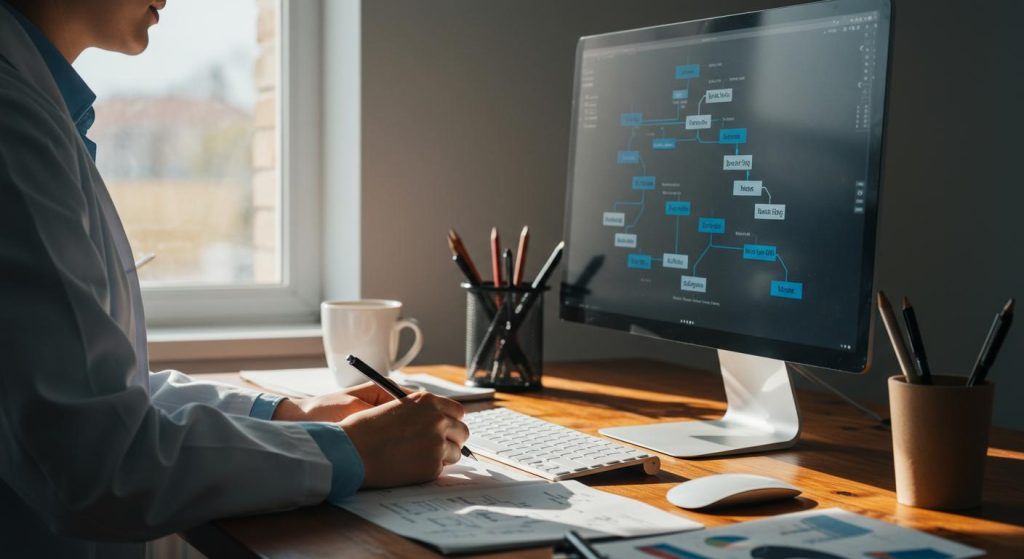 Professionnel travaillant sur un organigramme complexe à l'écran d'un ordinateur.