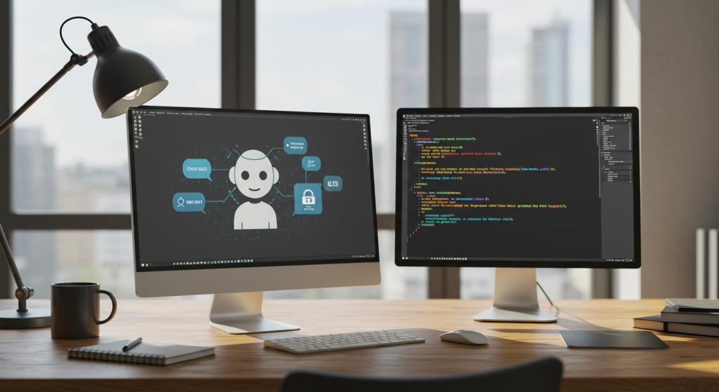 Panorama des differents types de LLM et grandes familles 202505Th205607 Bureau avec deux écrans montrant un schéma de robot et du code de programmation.