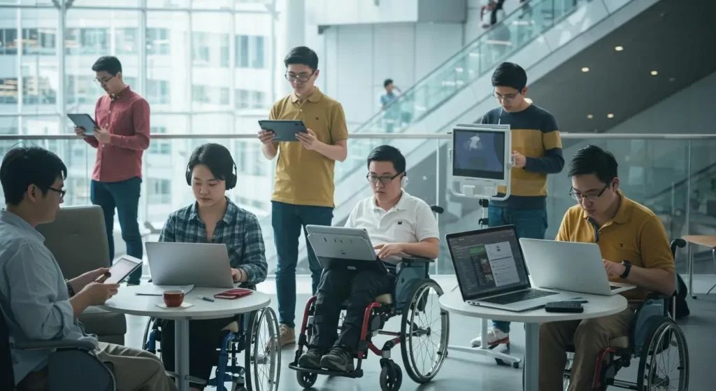 Groupe de personnes, dont plusieurs en fauteuil roulant, travaillant sur des ordinateurs portables et tablettes dans un espace moderne et lumineux, illustrant l'inclusion numérique et l'accessibilité au travail.