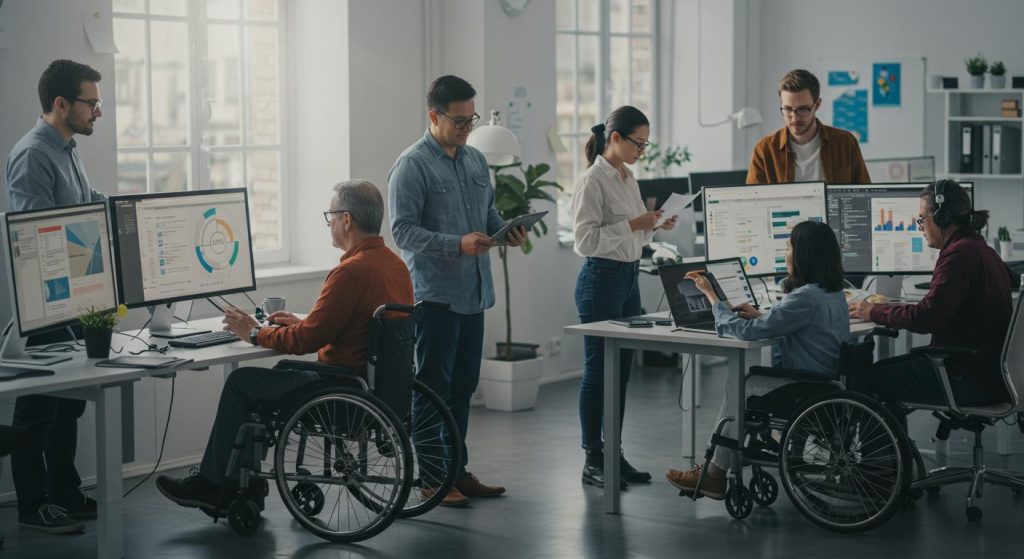 Quelles sont les obligations legales en matiere daccessibilite numerique 202505Th083049 Bureau collaboratif avec équipe incluant deux personnes en fauteuil roulant travaillant sur des analyses de données et graphiques