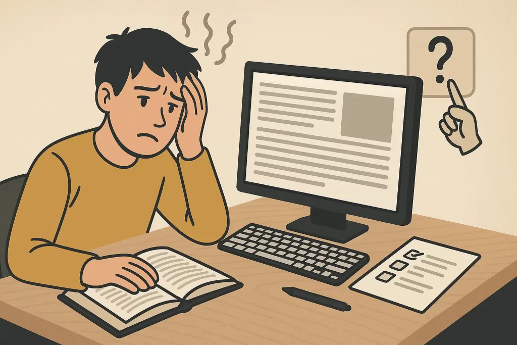 illustration handicaps cognitifs Jeune homme aux cheveux noirs en désordre, visiblement stressé, assis à un bureau devant un écran d’ordinateur affichant un texte dense. Il tient sa tête avec une main et semble confus. Sur le bureau se trouvent un livre ouvert, un clavier, un stylo et une feuille de type checklist. Trois lignes sinueuses grises au-dessus de sa tête symbolisent l’anxiété. En arrière-plan, une main pointe un pictogramme de point d’interrogation, suggérant un besoin d’aide ou d’explication