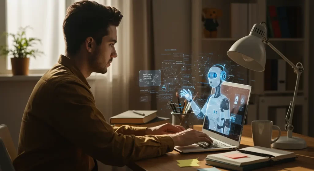Un homme utilise un ordinateur portable affichant une interface holographique avec un robot d’intelligence artificielle