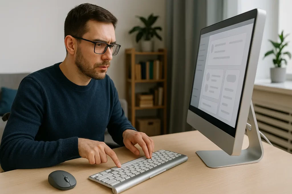 personnes handicap moteur Un homme à lunettes tape sur un clavier d’ordinateur sans utiliser la souris, concentré devant un écran dans une pièce lumineuse au mobilier moderne, illustrant la navigation au clavier.