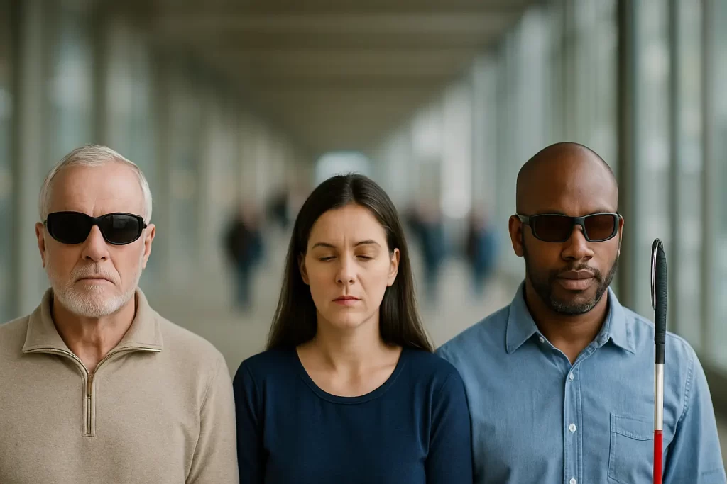 personnes handicap visuels Trois personnes aveugles ou malvoyantes debout côte à côte dans un couloir lumineux. Un homme âgé avec des lunettes noires, une femme les yeux fermés au centre, et un homme tenant une canne blanche à droite. L’image met en valeur la diversité des handicaps visuels.