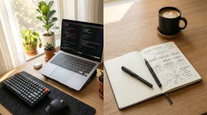 Bureau minimaliste avec un terminal Claude Code affiché sur un ordinateur portable et un carnet de workflow SEO ouvert à côté