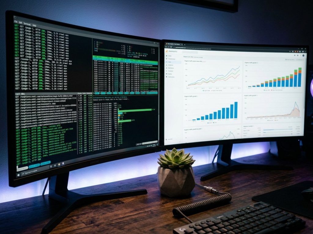 Deux écrans affichant un rapport de crawl dans un terminal et un tableau de bord analytique SEO avec courbes de trafic organique